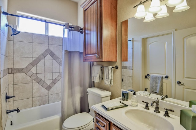 full bath featuring shower / tub combo, vanity, and toilet