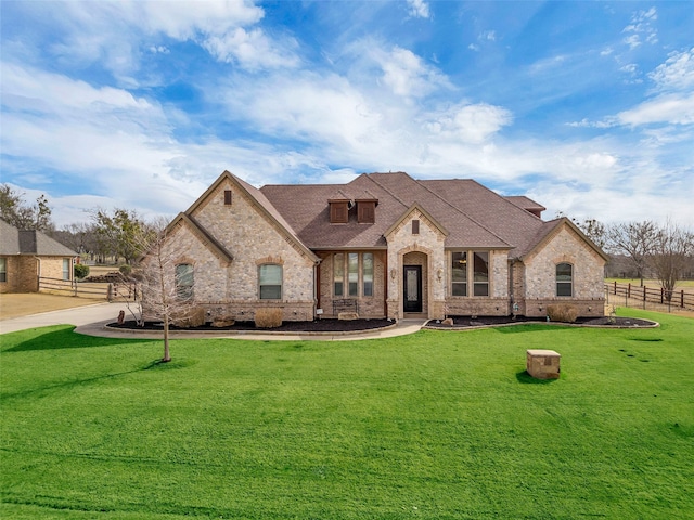 french country inspired facade with brick siding, roof with shingles, a front yard, and fence