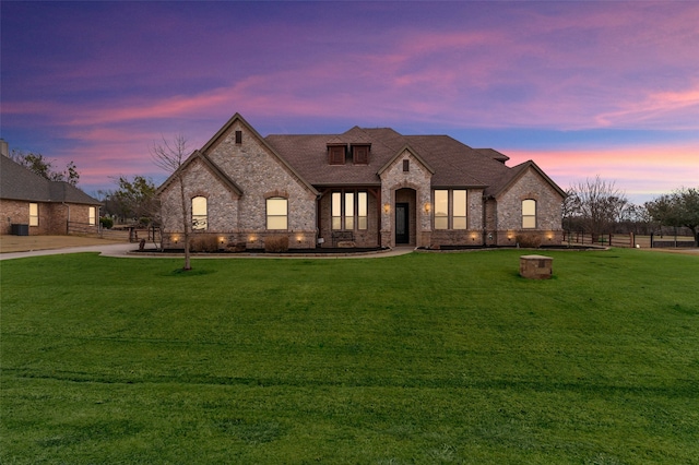 french provincial home featuring a shingled roof, a front yard, and fence