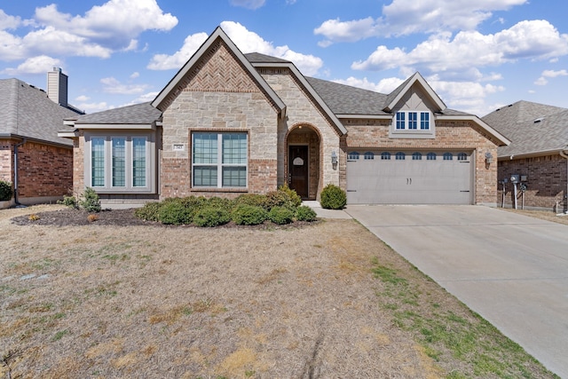 french country home featuring a garage, driveway, brick siding, and roof with shingles