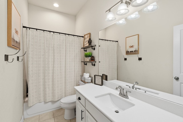 bathroom with shower / tub combo, tile patterned flooring, vanity, and toilet