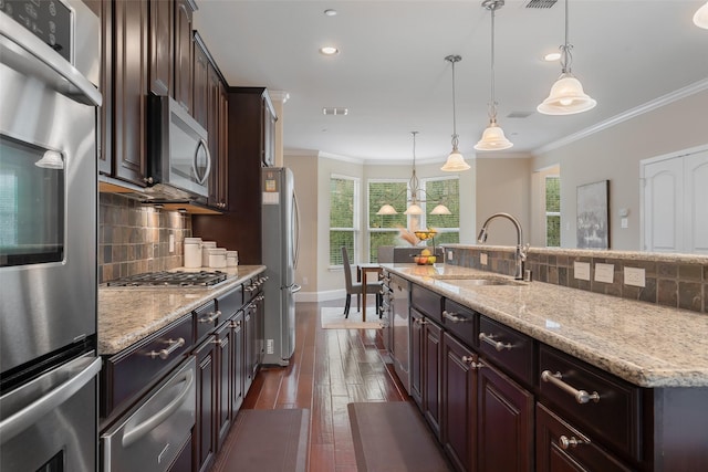 kitchen with appliances with stainless steel finishes, a sink, dark wood finished floors, and crown molding