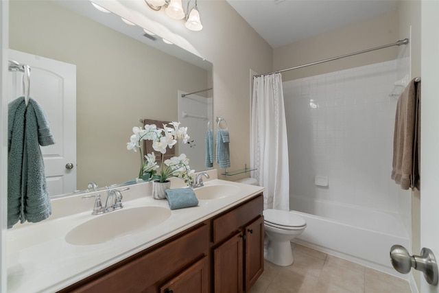 full bath with double vanity, shower / tub combo with curtain, a sink, and tile patterned floors