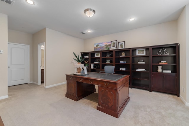 office with recessed lighting, light carpet, visible vents, and baseboards