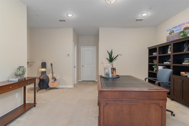 home office with light colored carpet, visible vents, baseboards, and recessed lighting