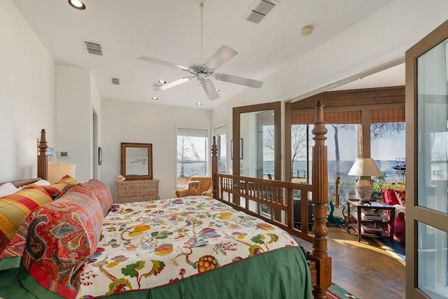 bedroom with recessed lighting, visible vents, and ceiling fan