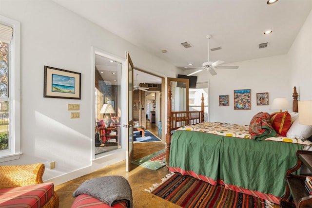 bedroom with baseboards, ceiling fan, visible vents, and recessed lighting