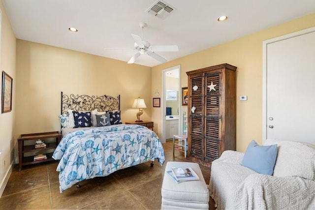 bedroom featuring baseboards, visible vents, a ceiling fan, ensuite bath, and recessed lighting