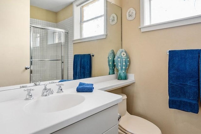 bathroom featuring toilet, a stall shower, a wealth of natural light, and vanity