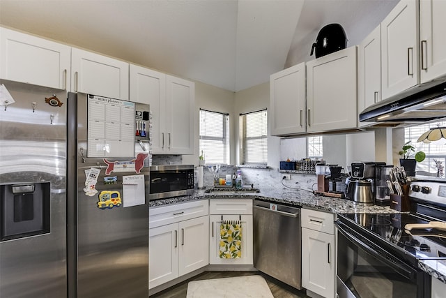 kitchen with appliances with stainless steel finishes, white cabinets, a sink, and under cabinet range hood