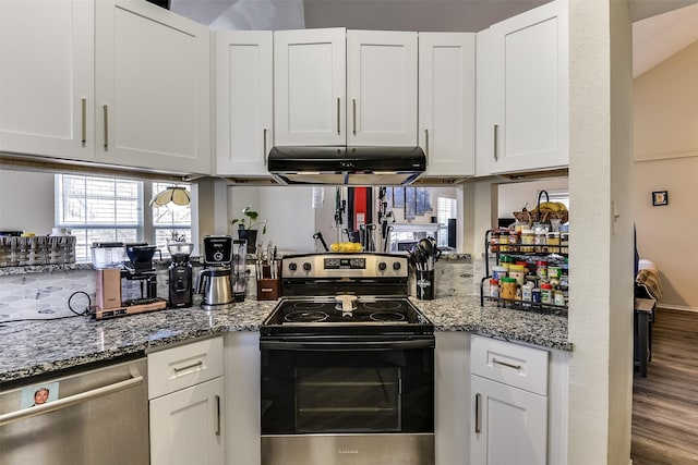 kitchen featuring stone counters, stainless steel appliances, white cabinetry, wood finished floors, and exhaust hood