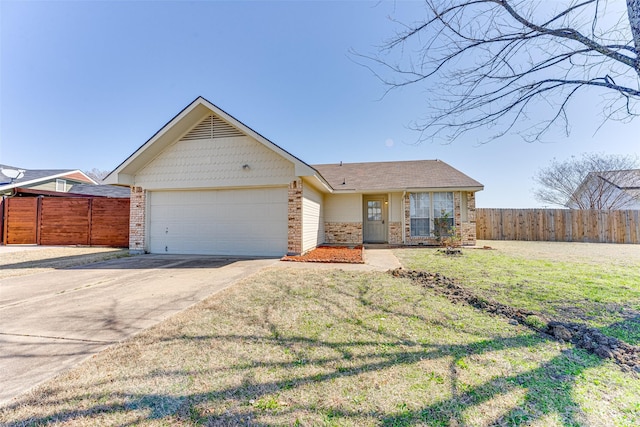 ranch-style house with driveway, fence, and brick siding