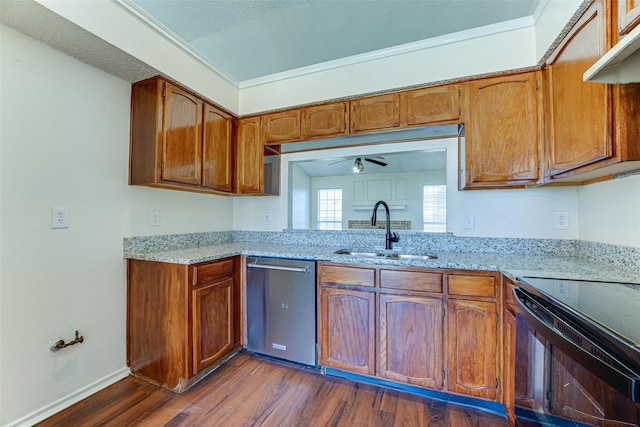 kitchen featuring black range with electric stovetop, stainless steel dishwasher, dark wood-style flooring, and a sink