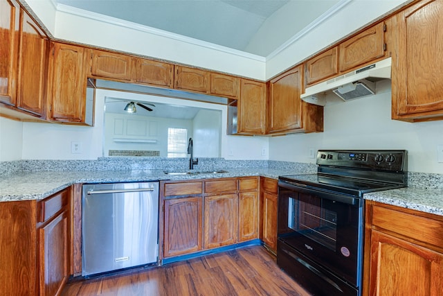 kitchen with dark wood-style flooring, black range with electric stovetop, a sink, dishwasher, and under cabinet range hood