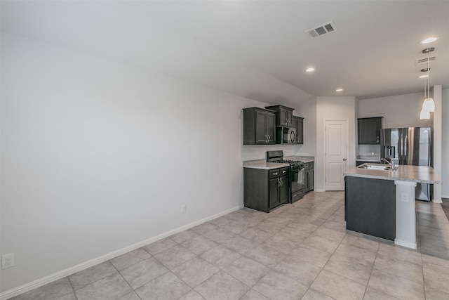 kitchen featuring black appliances, baseboards, visible vents, and light countertops