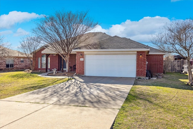 single story home with brick siding, a front yard, fence, a garage, and driveway