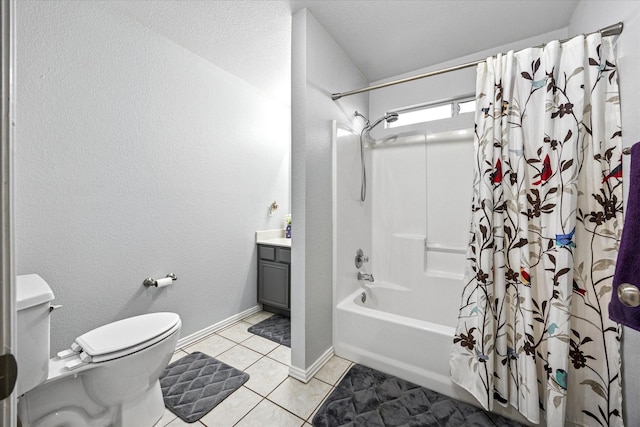 full bath with toilet, shower / bath combo with shower curtain, vanity, tile patterned flooring, and baseboards