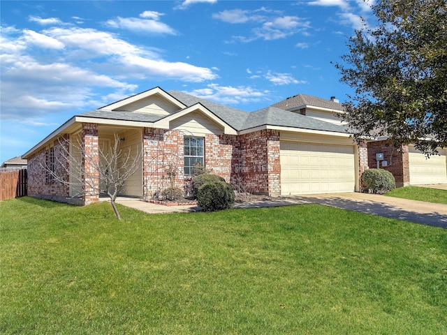 ranch-style home with driveway, an attached garage, a front lawn, and brick siding