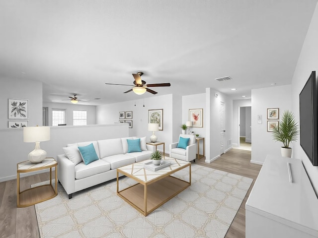 living room with light wood-style flooring, visible vents, and baseboards