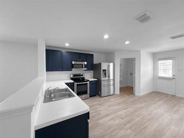 kitchen with a sink, visible vents, light wood-style floors, light countertops, and appliances with stainless steel finishes