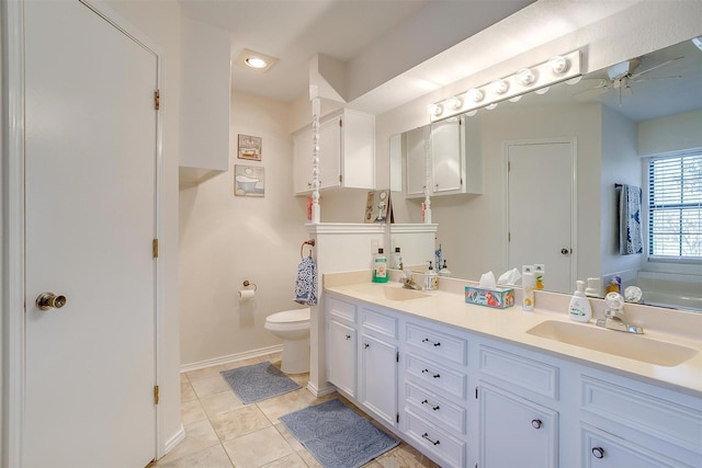 full bath with ceiling fan, a sink, toilet, and tile patterned floors