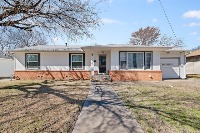 ranch-style home with brick siding, a front yard, crawl space, a garage, and driveway