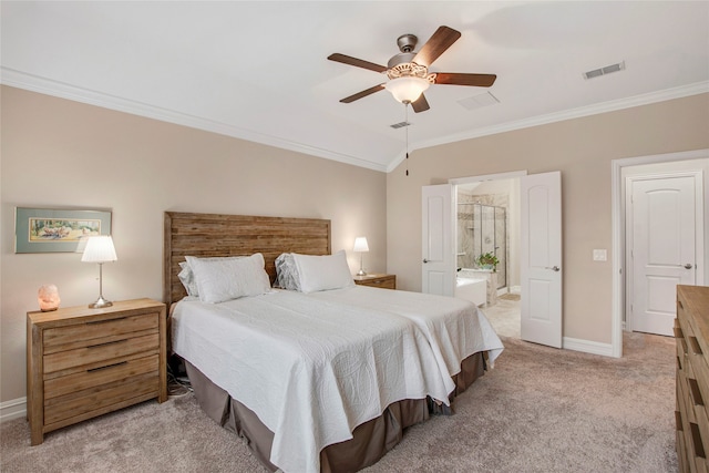 bedroom with lofted ceiling, light colored carpet, visible vents, baseboards, and ornamental molding