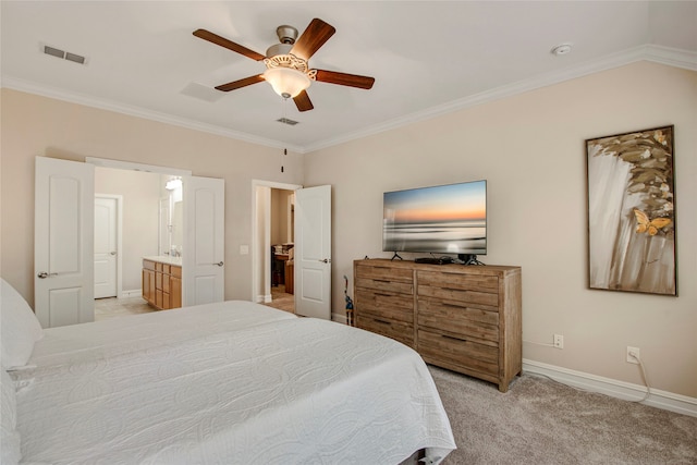 bedroom featuring light carpet, baseboards, visible vents, and crown molding