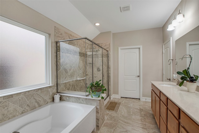 full bathroom with a garden tub, vanity, baseboards, visible vents, and a shower stall