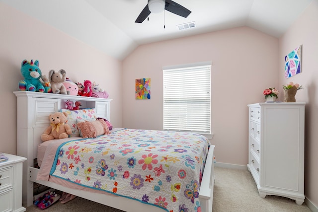 bedroom featuring lofted ceiling, ceiling fan, light colored carpet, visible vents, and baseboards