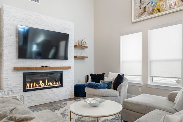 living area with wood finished floors and a stone fireplace