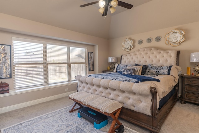 bedroom featuring vaulted ceiling, carpet floors, ceiling fan, and baseboards