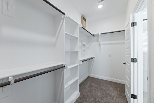 spacious closet featuring dark colored carpet