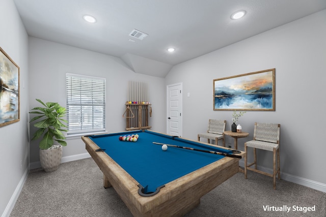 playroom with carpet floors, recessed lighting, lofted ceiling, visible vents, and baseboards