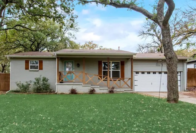 ranch-style home with a porch, concrete driveway, an attached garage, fence, and a front lawn