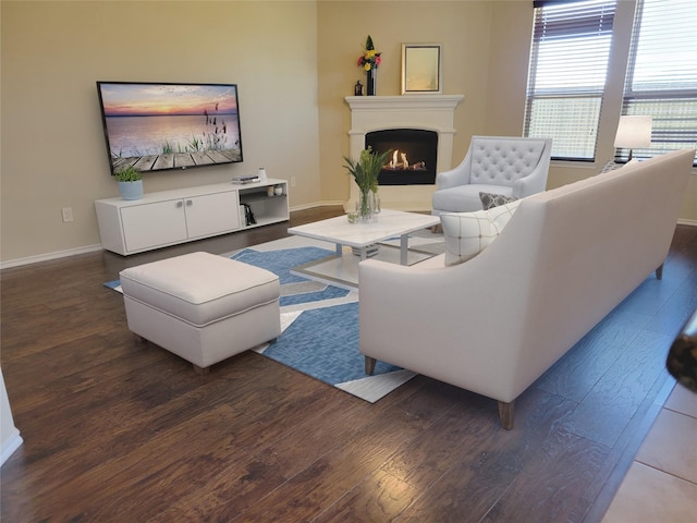 living room with a lit fireplace, wood finished floors, and baseboards