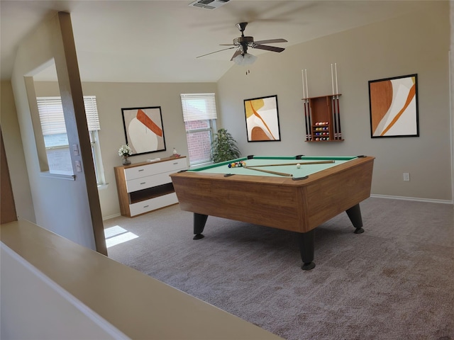 recreation room featuring lofted ceiling, visible vents, carpet flooring, and pool table