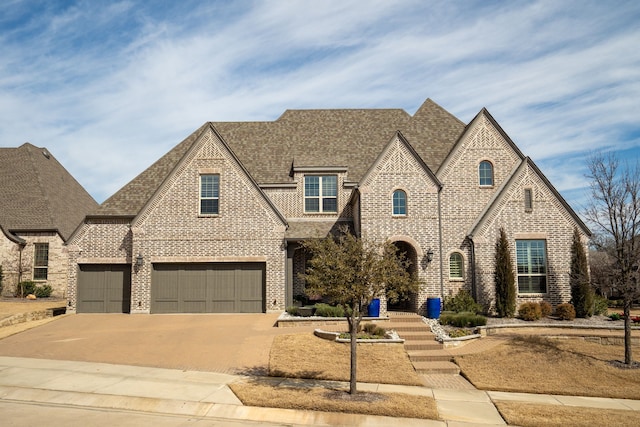 view of front of property with a garage, concrete driveway, brick siding, and roof with shingles