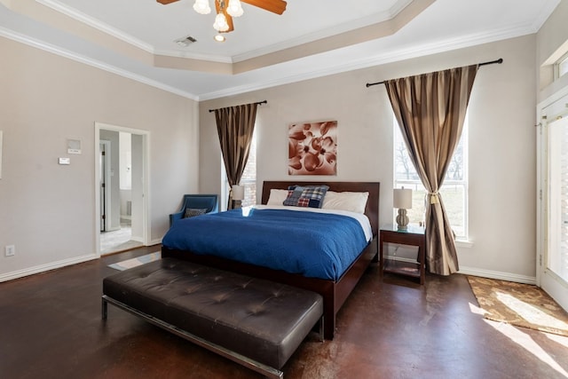 bedroom featuring concrete floors, a raised ceiling, visible vents, and baseboards