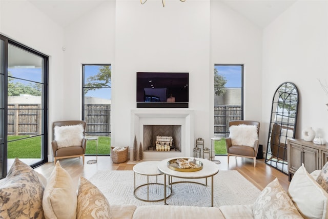 living room with a fireplace, wood finished floors, and high vaulted ceiling