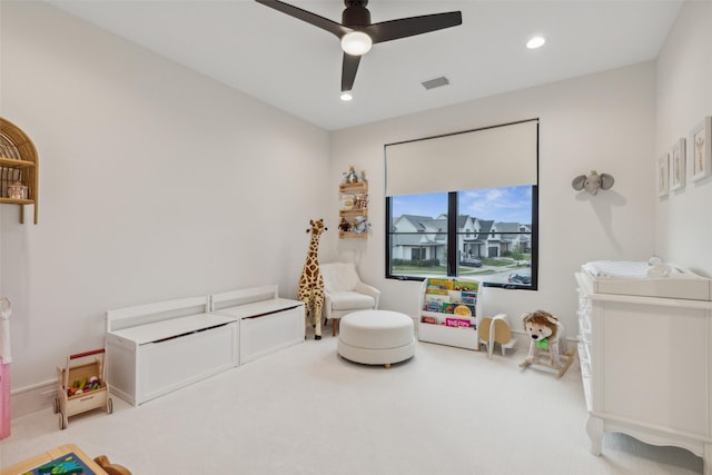 playroom featuring a ceiling fan, visible vents, recessed lighting, and carpet floors