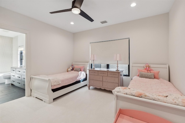 bedroom with connected bathroom, ceiling fan, visible vents, and recessed lighting