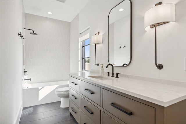 bathroom featuring bathing tub / shower combination, vanity, toilet, tile patterned flooring, and recessed lighting