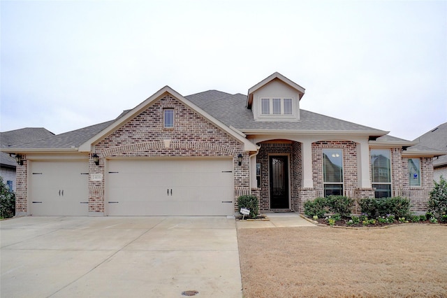 view of front of home featuring brick siding, concrete driveway, a garage, and roof with shingles