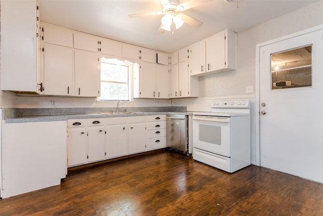 kitchen featuring white electric range, a sink, white cabinetry, dishwasher, and dark wood finished floors