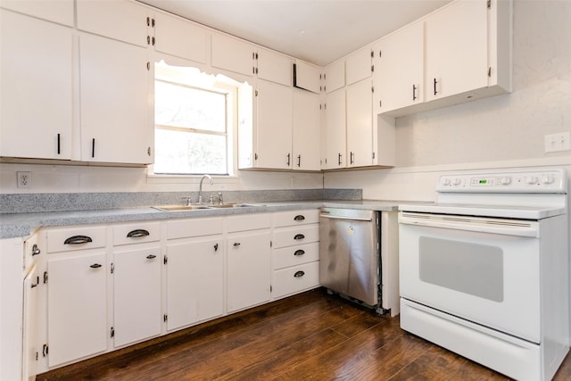 kitchen with white electric range oven, white cabinetry, dark wood-type flooring, and a sink