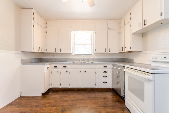 kitchen featuring dark wood-style floors, electric stove, a sink, and light countertops