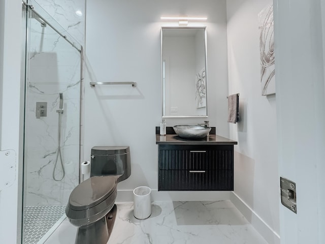 full bath featuring baseboards, a marble finish shower, marble finish floor, and toilet