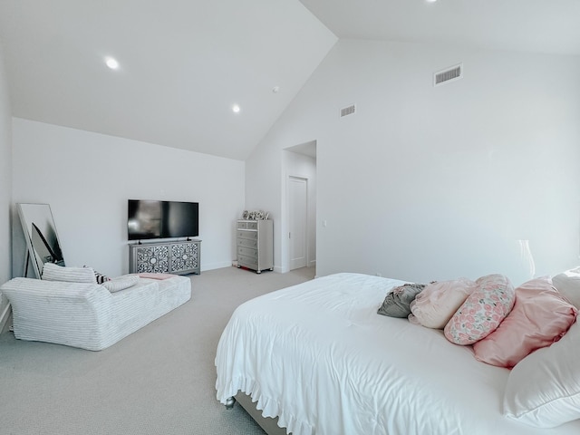 bedroom featuring high vaulted ceiling, carpet floors, visible vents, and recessed lighting