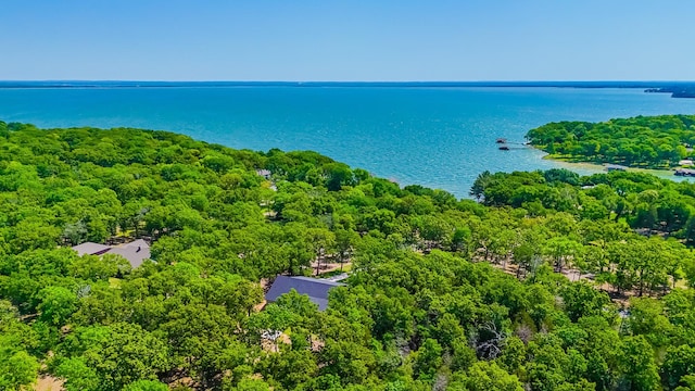 bird's eye view featuring a wooded view and a water view